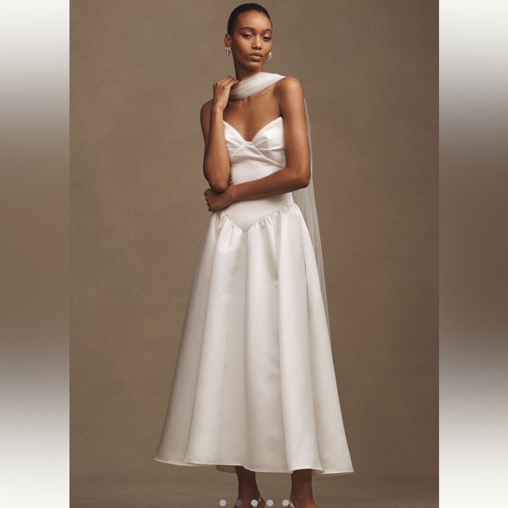 Watters Rickey Strapless Basque Waist A-Line Midi Dress with Scarf Anthropologie